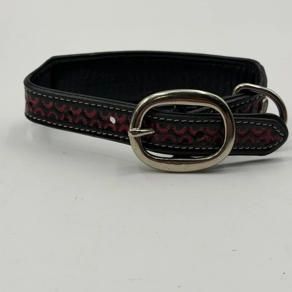 Myra Lucky Diego Tooled Leather Dog Collar Black Red Floral Western Size Small